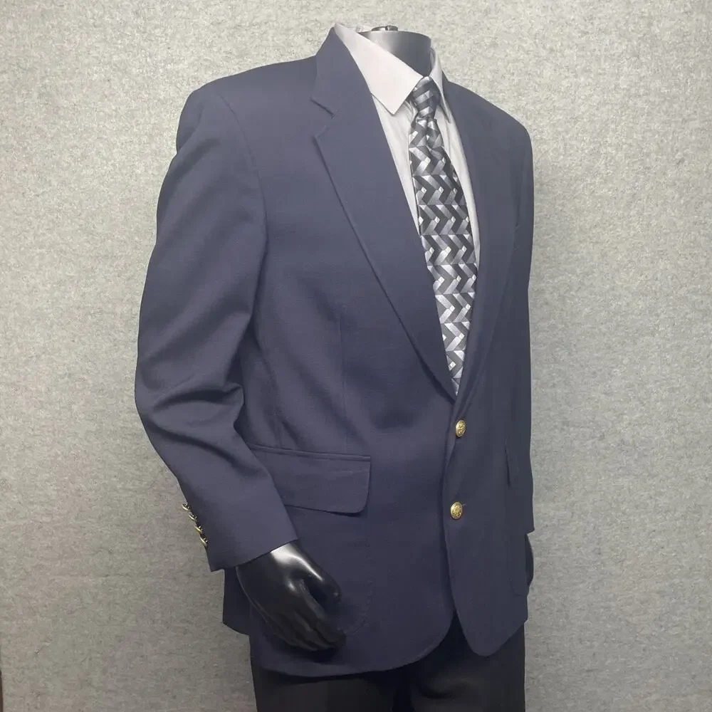 Vtg Lands End Gold Button Navy Blazer Mens 48R Wool Suit Jacket Sport Coat READ
